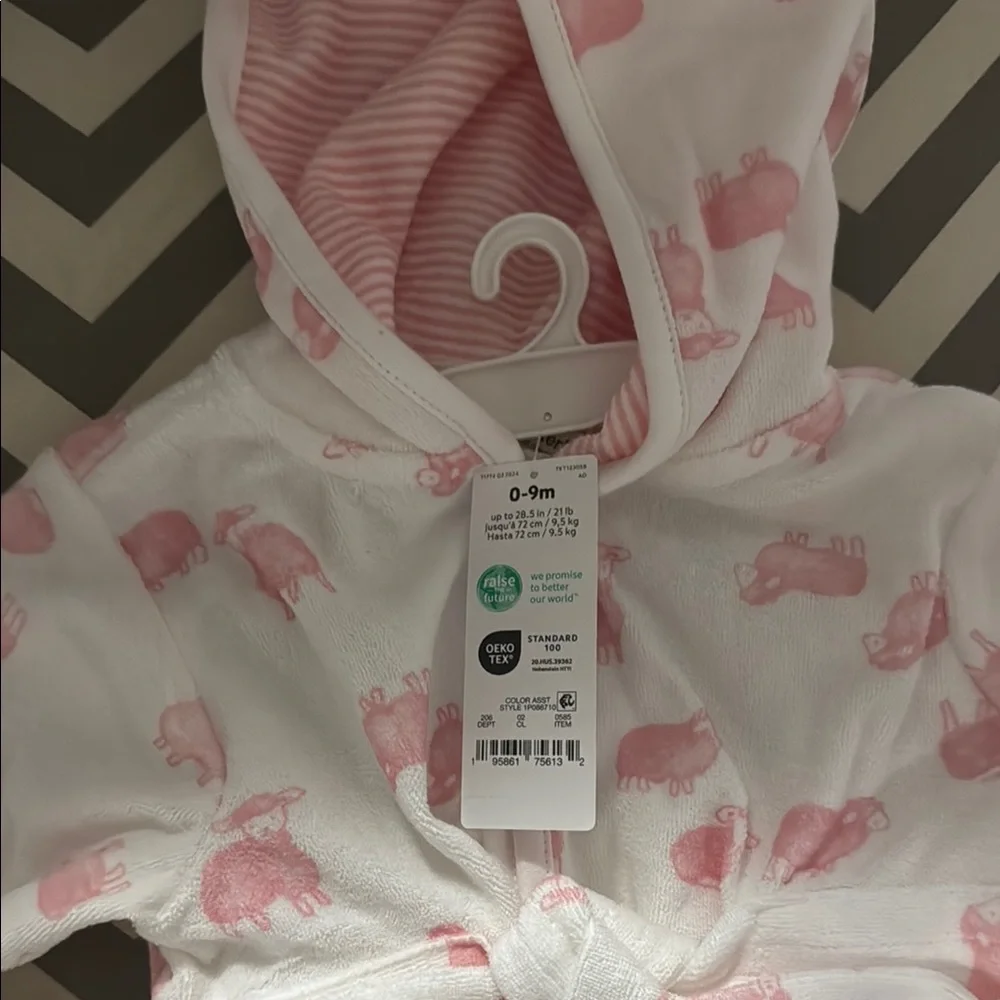 Carter's White and Pink Elephant Hooded Baby Bathrobe
